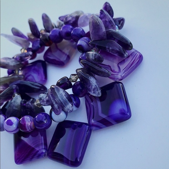 Natural Purple Striped Agate Gemstone Smooth Mixed Bead Bracelet Stack - Picture 2 of 7